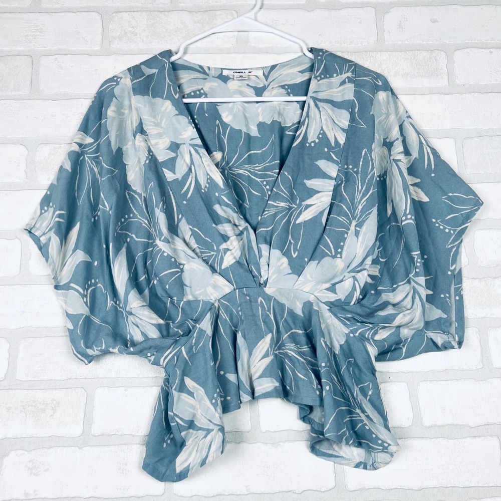 ONeill Womens XS Blue Tropical Floral Surplice V-Neck Dolman Sleeve Peplum Top - Picture 12 of 12
